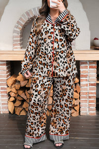 Leopard Print with Black/White Striped Accents 2pc Pants Pajama Set