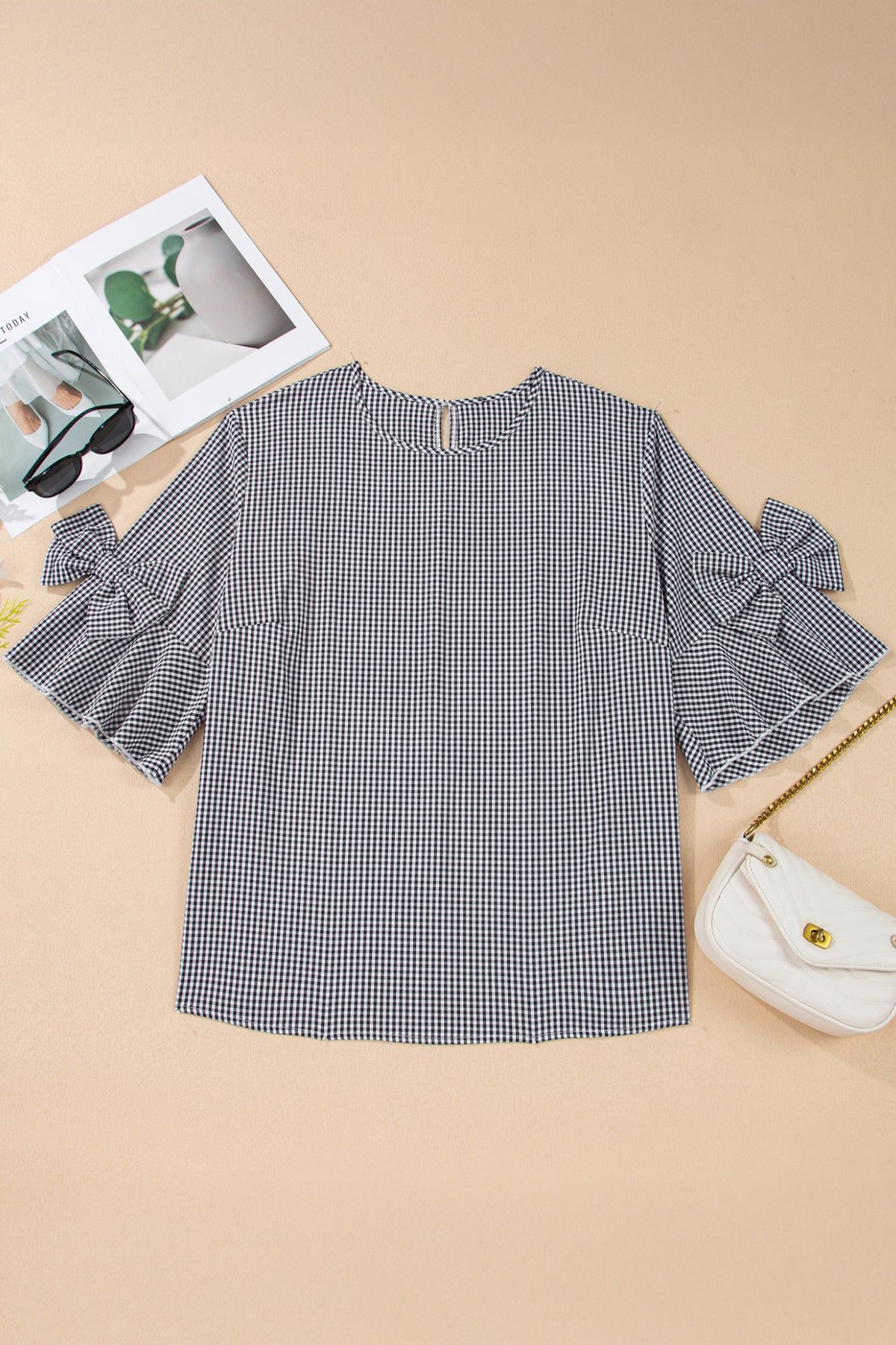 Black Checkered Bell, Bow-Sleeve Top