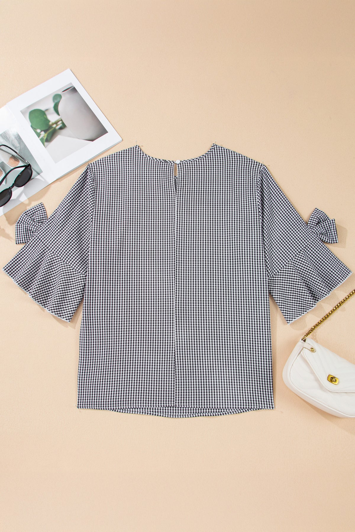 Black Checkered Bell, Bow-Sleeve Top