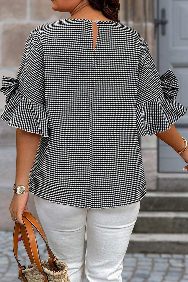 Black Checkered Bell, Bow-Sleeve Top