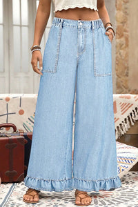 Jackie (Light) Elastic-Waist Ruffled Wide-Leg Denim Jeans