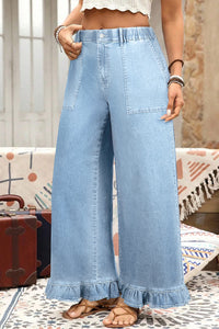 Jackie (Light) Elastic-Waist Ruffled Wide-Leg Denim Jeans