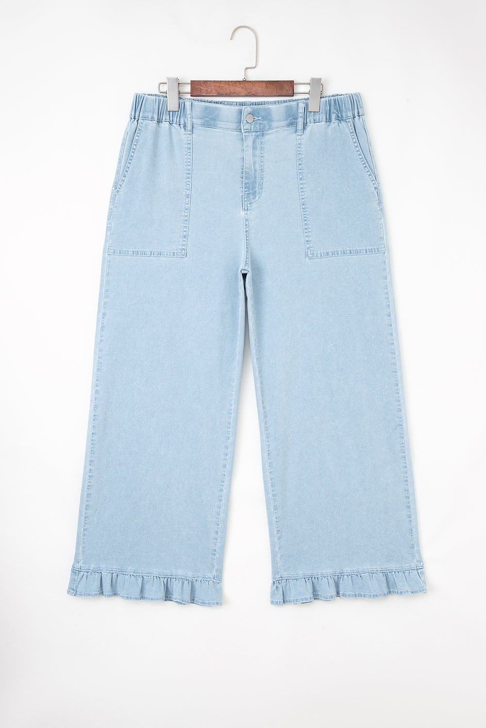 Jackie (Light) Elastic-Waist Ruffled Wide-Leg Denim Jeans
