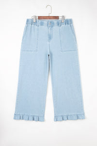 Jackie (Light) Elastic-Waist Ruffled Wide-Leg Denim Jeans
