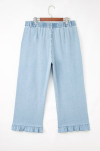 Jackie (Light) Elastic-Waist Ruffled Wide-Leg Denim Jeans