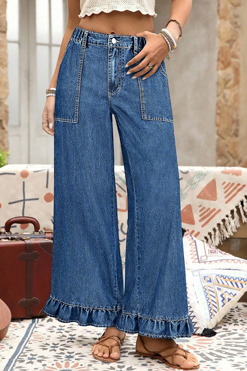 Jackie (Dark) Elastic-Waist Ruffled Wide-Leg Denim Jeans