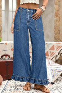 Jackie (Dark) Elastic-Waist Ruffled Wide-Leg Denim Jeans