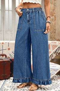 Jackie (Dark) Elastic-Waist Ruffled Wide-Leg Denim Jeans