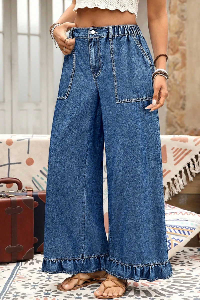 Jackie (Dark) Elastic-Waist Ruffled Wide-Leg Denim Jeans