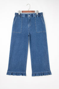 Jackie (Dark) Elastic-Waist Ruffled Wide-Leg Denim Jeans