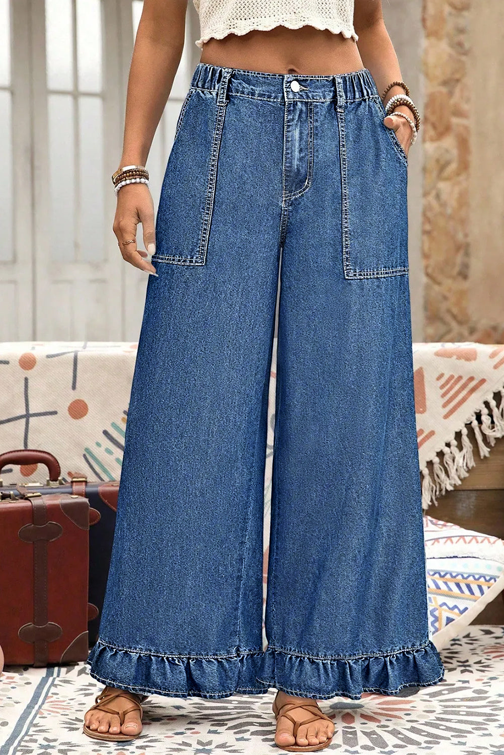 Jackie (Dark) Elastic-Waist Ruffled Wide-Leg Denim Jeans