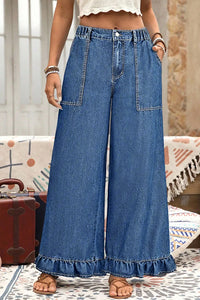 Jackie (Dark) Elastic-Waist Ruffled Wide-Leg Denim Jeans
