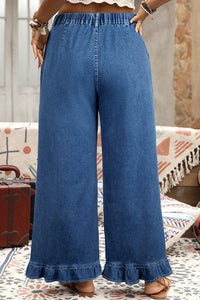 Jackie (Dark) Elastic-Waist Ruffled Wide-Leg Denim Jeans