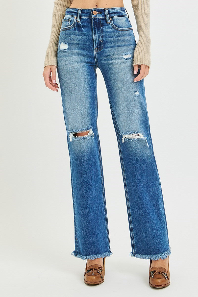 Amanda Dark Wash RISEN Straight Leg Distressed Jeans w/Raw Hem
