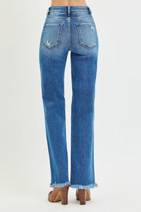 Amanda Dark Wash RISEN Straight Leg Distressed Jeans w/Raw Hem