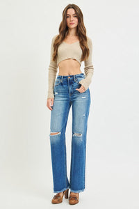 Amanda Dark Wash RISEN Straight Leg Distressed Jeans w/Raw Hem