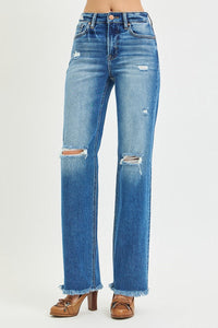 Amanda Dark Wash RISEN Straight Leg Distressed Jeans w/Raw Hem