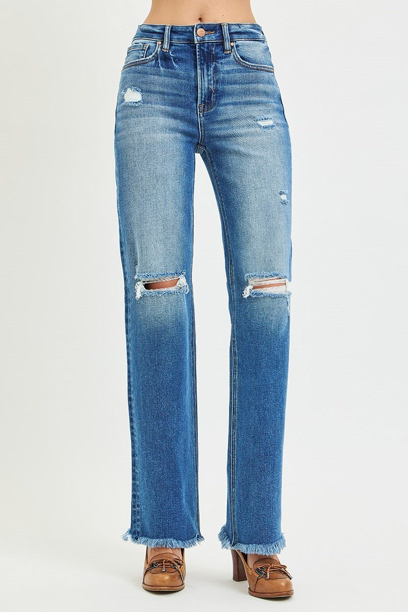 Amanda Dark Wash RISEN Straight Leg Distressed Jeans w/Raw Hem