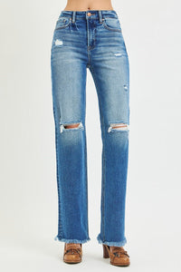 Amanda Dark Wash RISEN Straight Leg Distressed Jeans w/Raw Hem