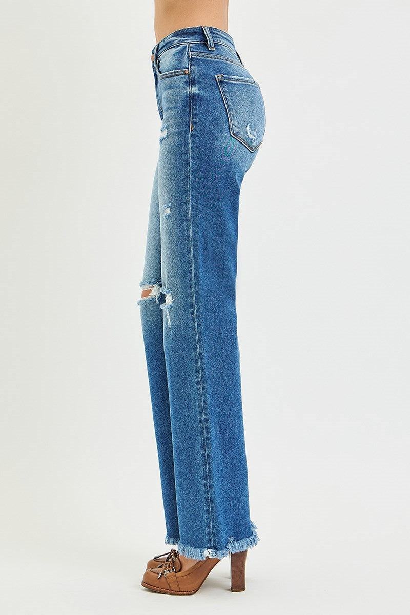 Amanda Dark Wash RISEN Straight Leg Distressed Jeans w/Raw Hem