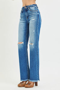 Amanda Dark Wash RISEN Straight Leg Distressed Jeans w/Raw Hem