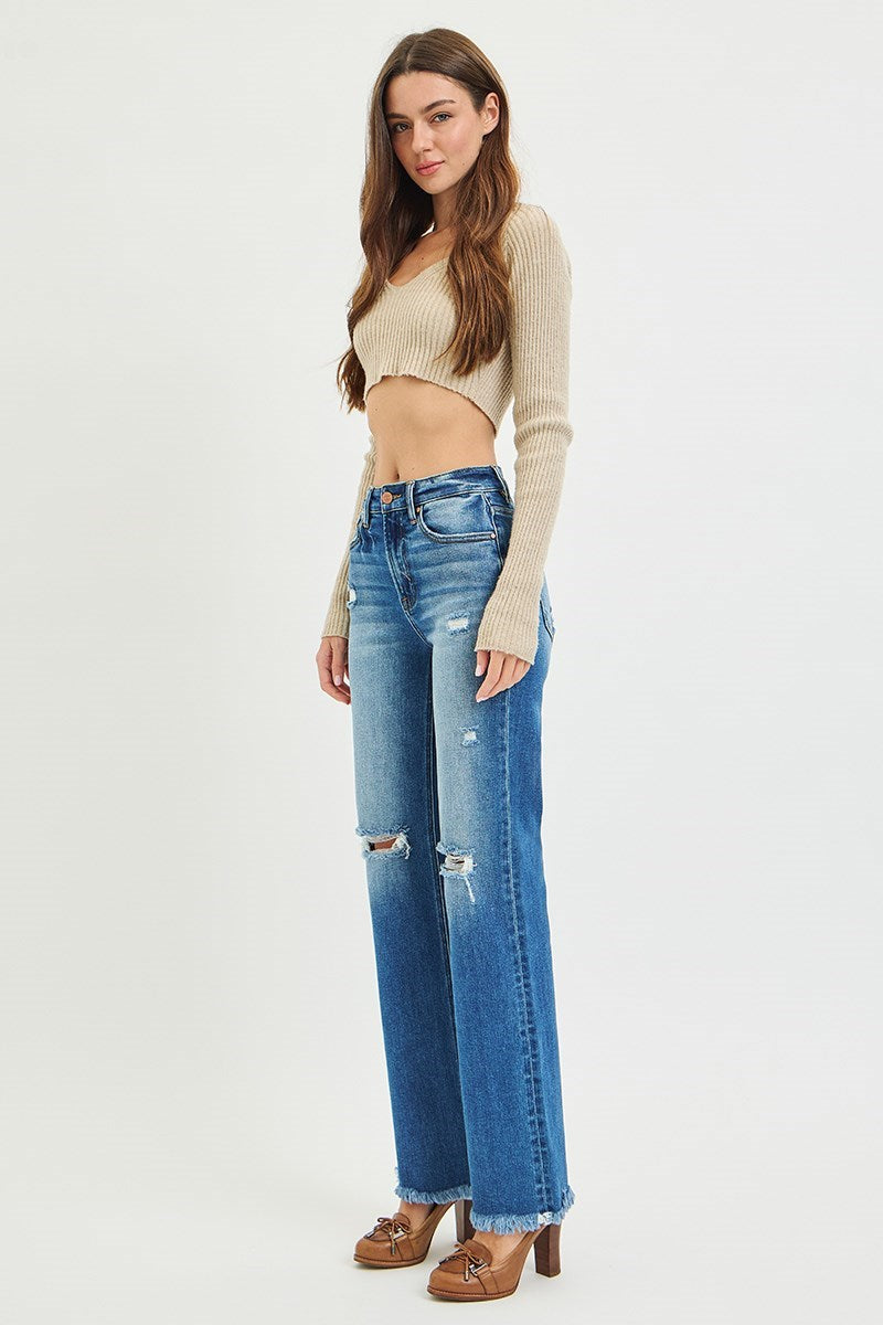 Amanda Dark Wash RISEN Straight Leg Distressed Jeans w/Raw Hem