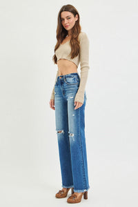 Amanda Dark Wash RISEN Straight Leg Distressed Jeans w/Raw Hem