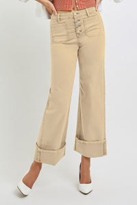 Myah (Tan) Wide Leg Front Patch Pocket Cuffed RISEN Jeans