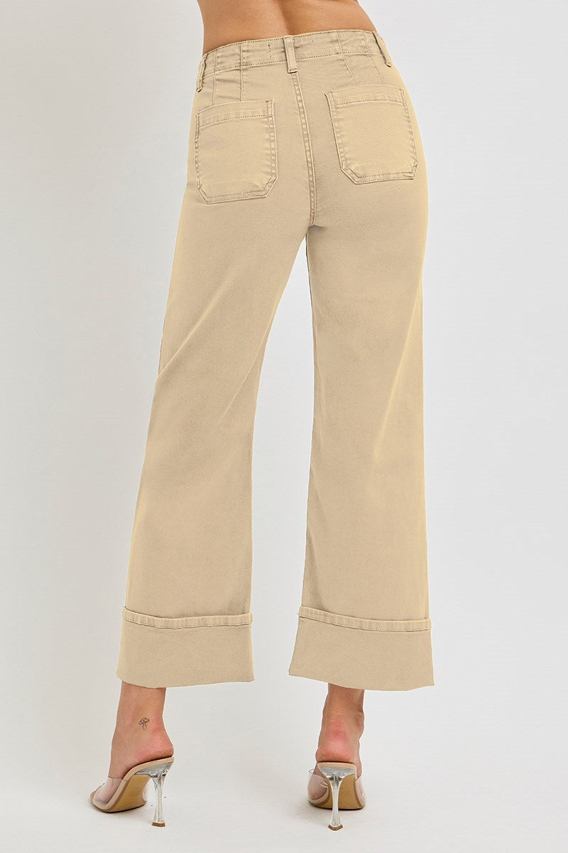 Myah (Tan) Wide Leg Front Patch Pocket Cuffed RISEN Jeans