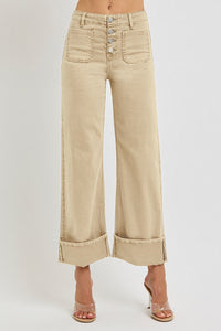 Myah (Tan) Wide Leg Front Patch Pocket Cuffed RISEN Jeans
