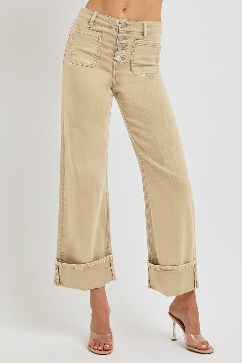 Myah (Tan) Wide Leg Front Patch Pocket Cuffed RISEN Jeans