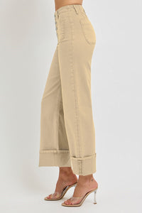 Myah (Tan) Wide Leg Front Patch Pocket Cuffed RISEN Jeans