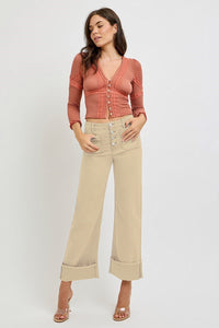 Myah (Tan) Wide Leg Front Patch Pocket Cuffed RISEN Jeans