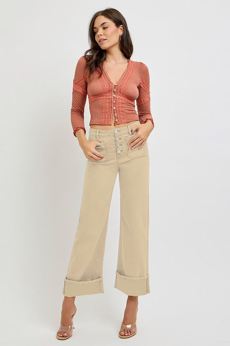 Myah (Tan) Wide Leg Front Patch Pocket Cuffed RISEN Jeans