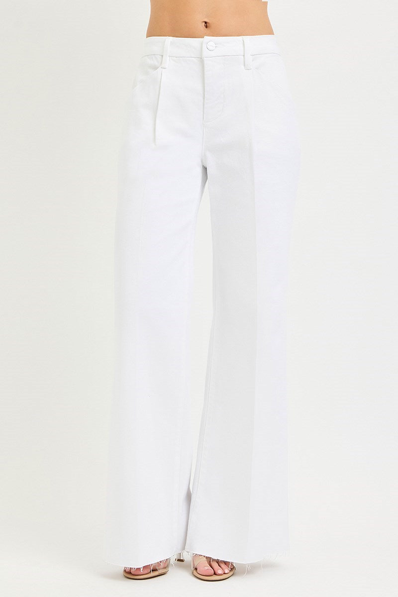 Tummy Control High Rise (White) RISEN Wide Leg Pleated Jeans