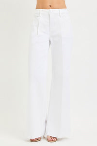 Tummy Control High Rise (White) RISEN Wide Leg Pleated Jeans