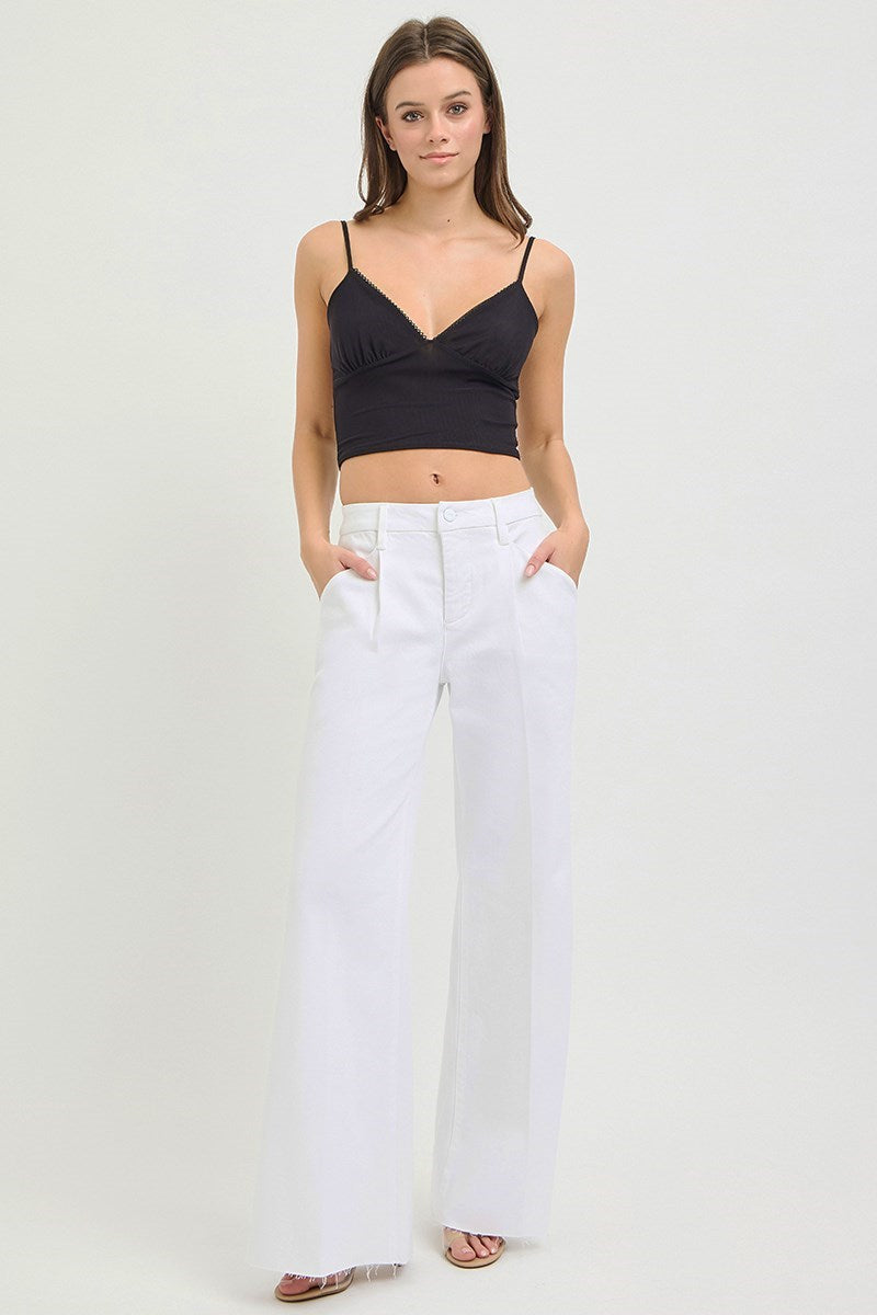 Tummy Control High Rise (White) RISEN Wide Leg Pleated Jeans