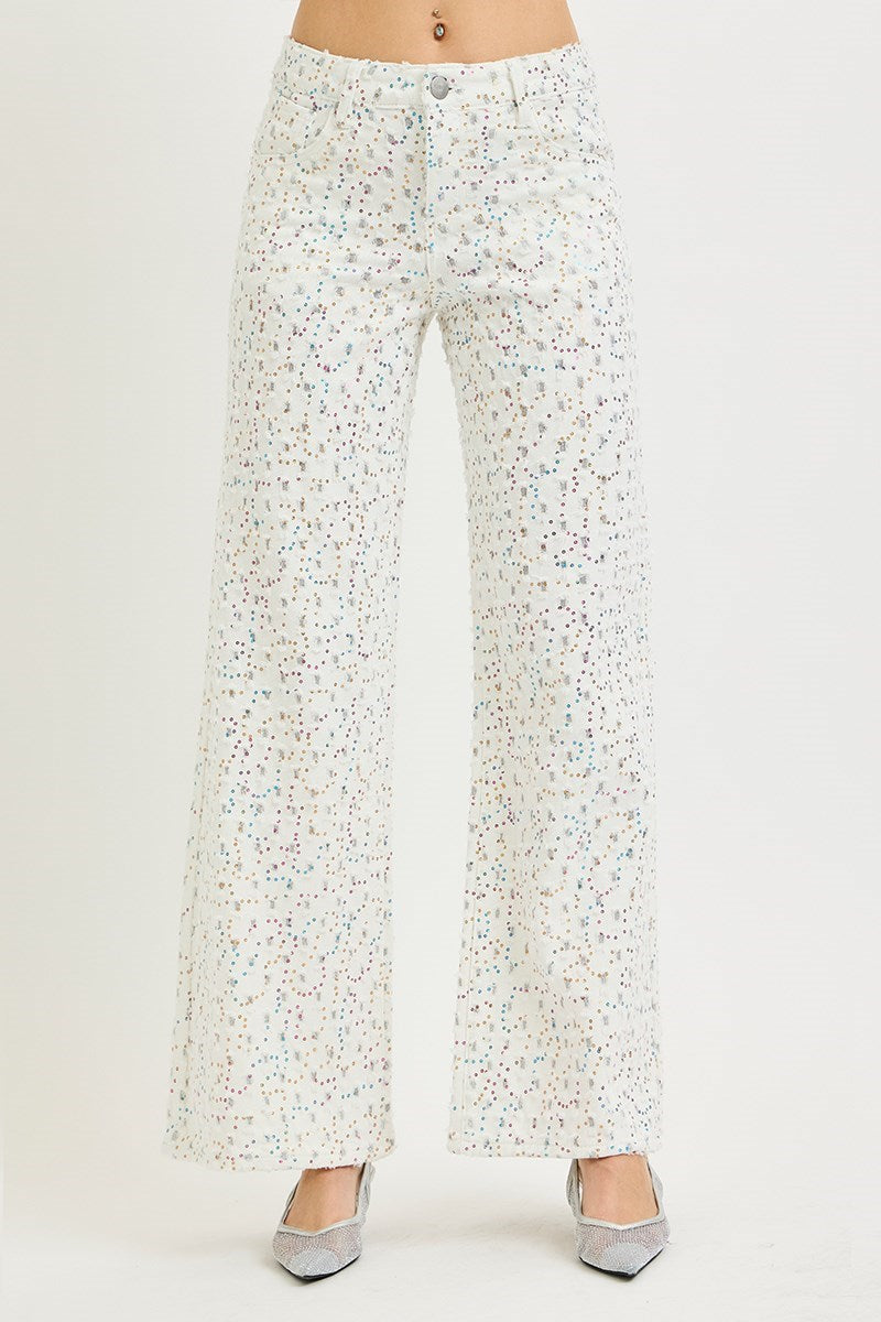 Life Of The Party RISEN High Rise Wide Leg Jeans w/Sequins