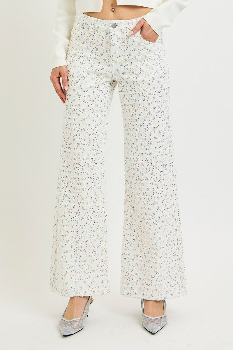 Life Of The Party RISEN High Rise Wide Leg Jeans w/Sequins