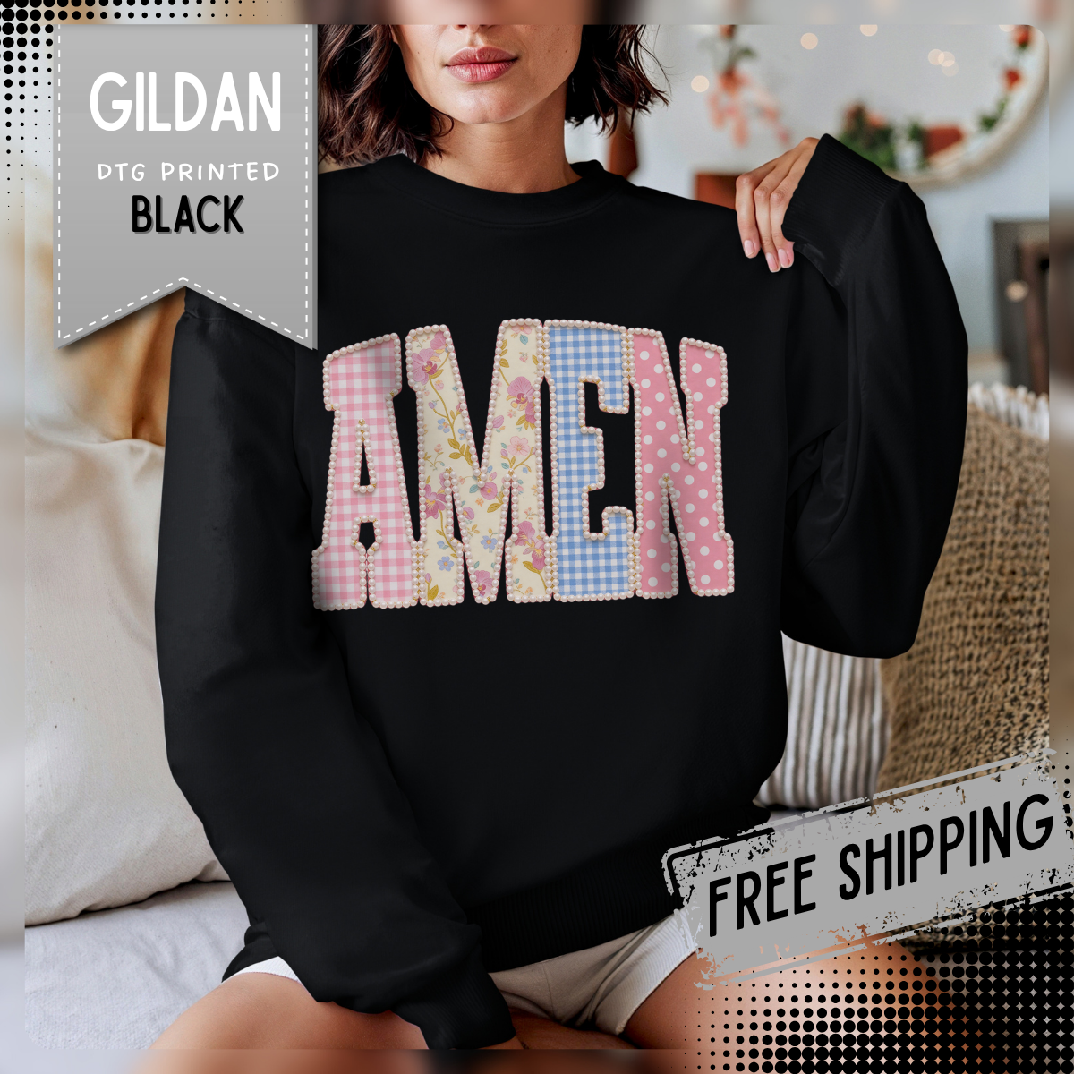 Pastel faux Patchwork AMEN with faux Pearls – Gildan Heavy Blend | Trendy Women’s Soft Sweatshirt. Direct to Garment. Printed & Shipped in the USA. Unisex Sizes.