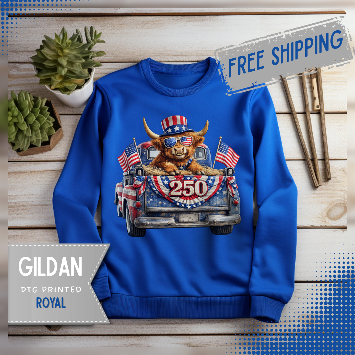 Patriotic Highland, America's 250th Birthday – Gildan Heavy Blend | Trendy Women’s and Men's Soft Sweatshirt. Direct to Garment. Printed & Shipped in the USA. Unisex Sizes.