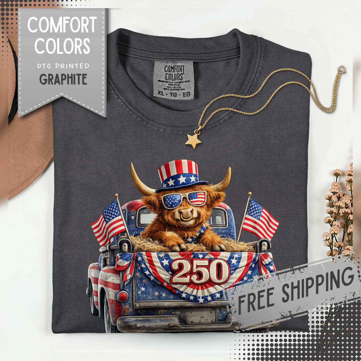 Patriotic Highland, America's 250th Birthday - Comfort Colors | Trendy Women's and Men's T-Shirt. Direct to Garment. Printed & Shipped in the USA. Unisex Sizes.