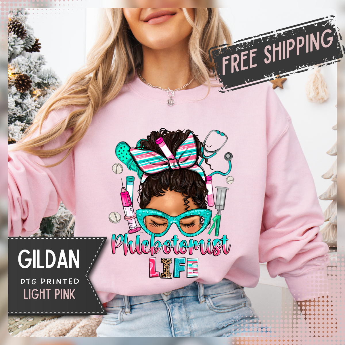 Phlebotomist Life, Messy Bun – Gildan Heavy Blend | Trendy Women’s Soft Sweatshirt. Direct to Garment. Printed & Shipped in the USA. Unisex Sizes.
