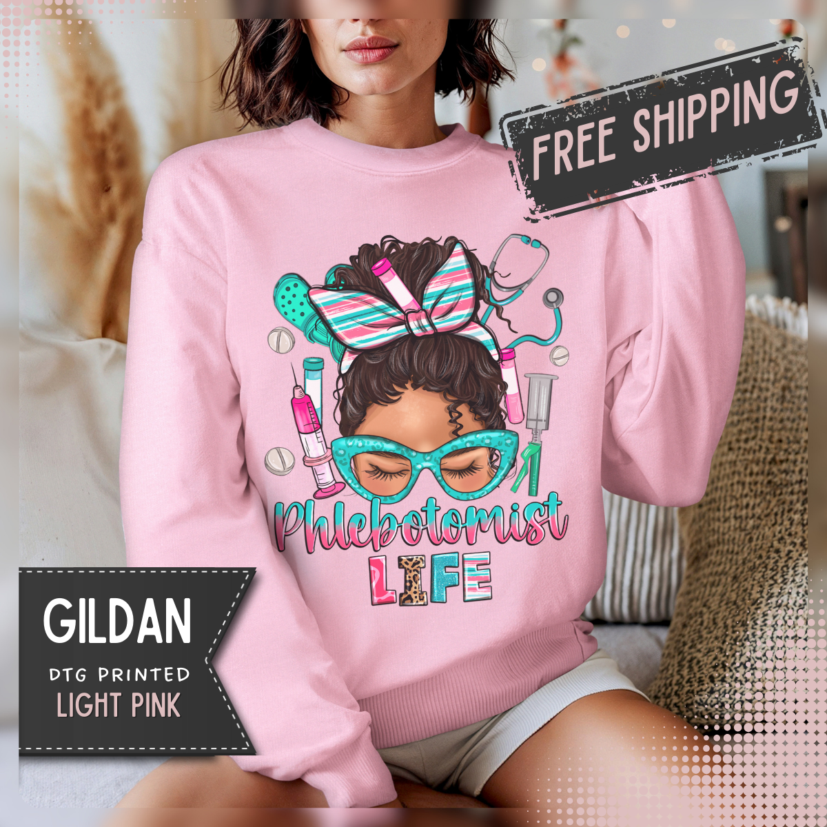 Phlebotomist Life, Messy Bun – Gildan Heavy Blend | Trendy Women’s Soft Sweatshirt. Direct to Garment. Printed & Shipped in the USA. Unisex Sizes.