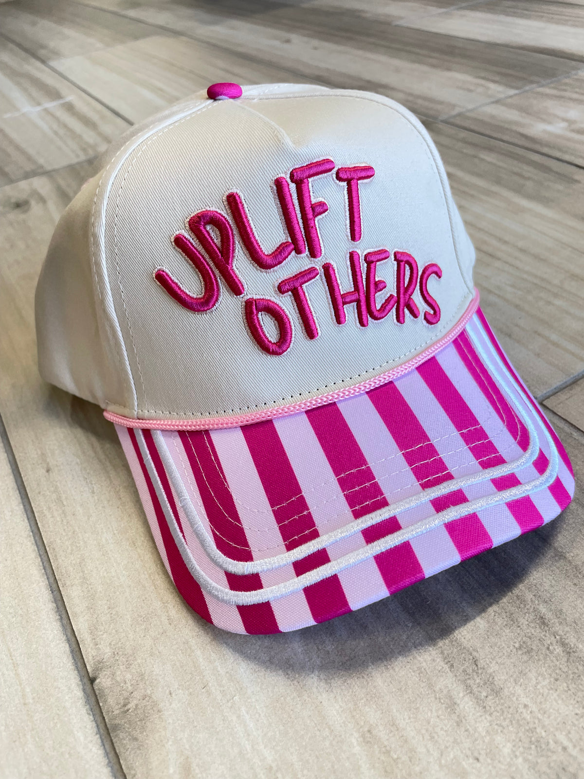 Embroidered (Hot & Light Pink) Uplift Others with Striped Bill Snapback Hat