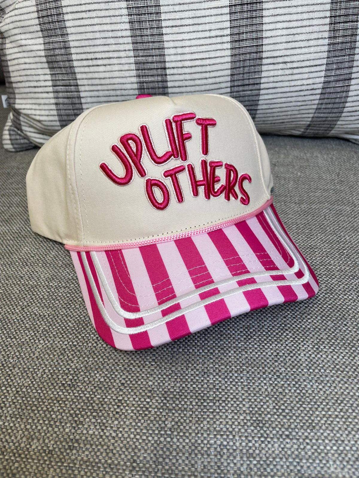 Embroidered (Hot & Light Pink) Uplift Others with Striped Bill Snapback Hat