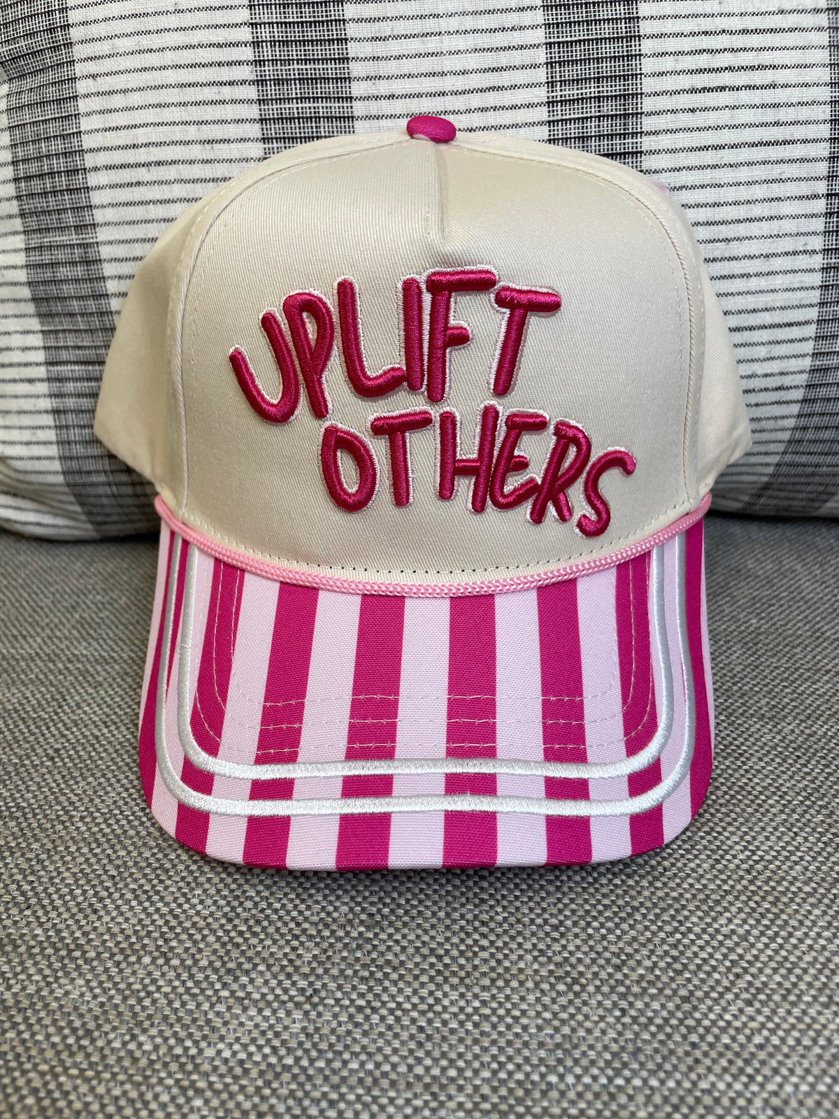 Embroidered (Hot & Light Pink) Uplift Others with Striped Bill Snapback Hat