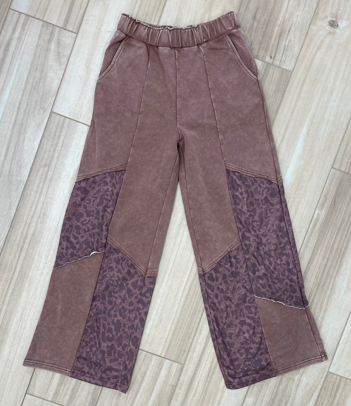 Mineral Wash Leopard Patchwork Lounge Pants - Coffee