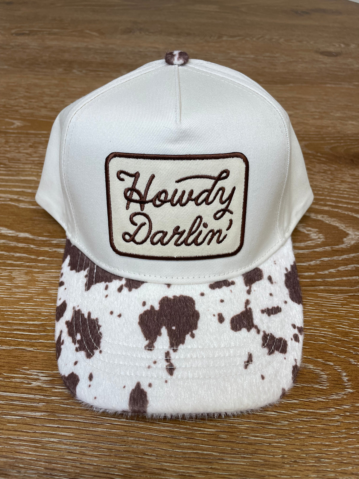 Snapback Hat: Tan & Brown Howdy Darlin' Embroidered Patch - Cow Print Bill