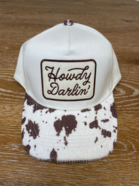 Snapback Hat: Tan & Brown Howdy Darlin' Embroidered Patch - Cow Print Bill